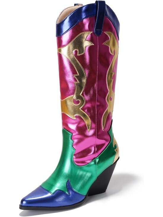 Shoes - Women’s Pink Pull-On Metallic Colorblock Cowboy Boots Mid-Calf Pointed Toe Heel